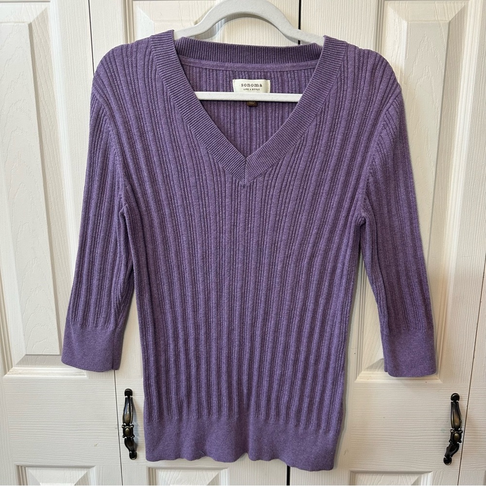 Sonoma Purple Knit Ribbed V Neck 3/4 Sleeve Pullover Sweater Women’s Size XL